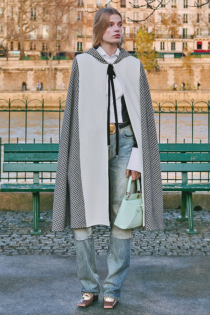 Christian Dior 2026 Pre-Fall Autumn Womens Fashion Trends Looks - Denim Jeans, Ostrich Feathers, Flowers Floral Embroidery, Hybrid Skirtpants, Wide Leg Baggy, Looped Ribbons, Geometric Angular, Concave Cutout Hem Tuxedo Jacket, Draped Curtain, Giant Bows, Capes, Houndstooth, Patchwork, Hoods Christian Dior 2026 Pre-Fall Womens Fashion Trends - Denim Jeans, Embroidery, Baggy, Ribbons, Tux, Draped Curtain, Bows, Capes