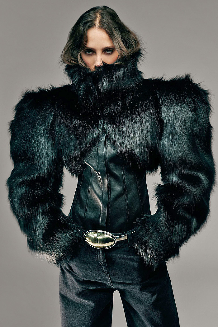 David Koma 2026 Pre-Fall Womens Fashion Trends - Supergirl, dress, sculptural, crop top, fur, shield, draped, swirls, knit, puffer