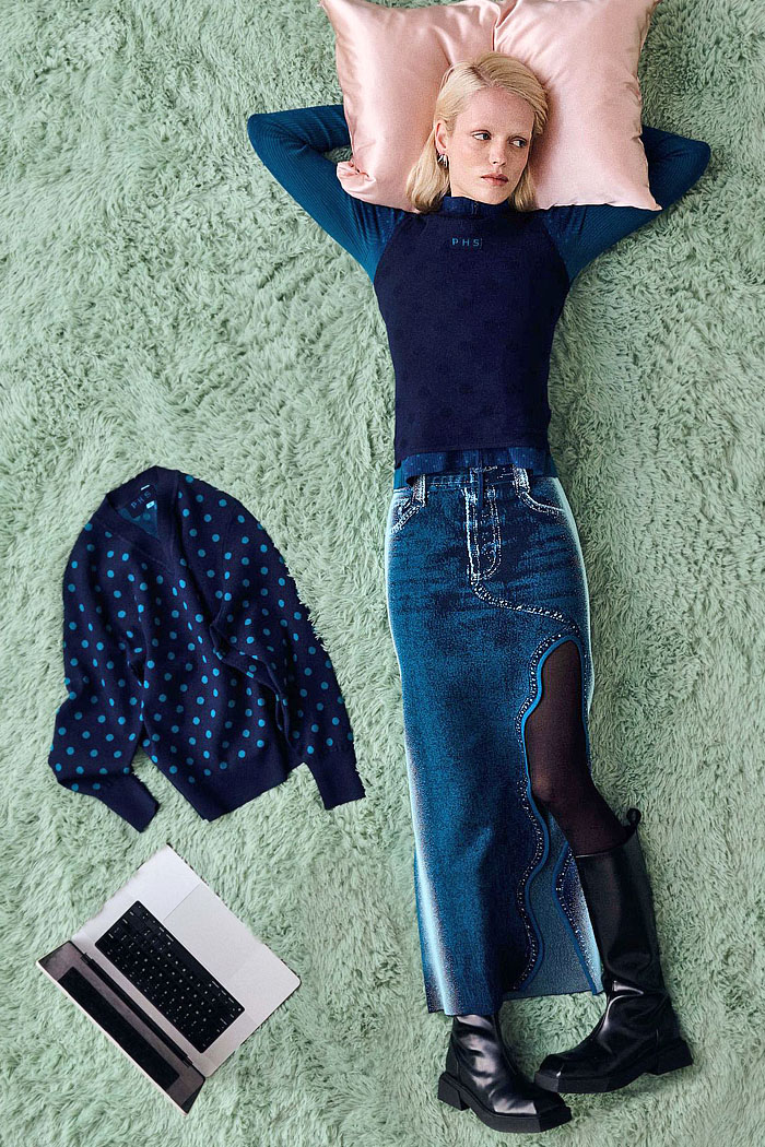 PH5 2026-2027 Fall Winter Womens Looks - Night Sky Stars Denim Jeans Pencil Skirt Curved Hem Holes Polka Dots