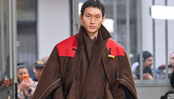 Setchu 2026-2027 Fall Autumn Winter Mens Fashion Trends - puffer coat, manskirt, pinstripe, wide leg, inward shoulders, straw boots