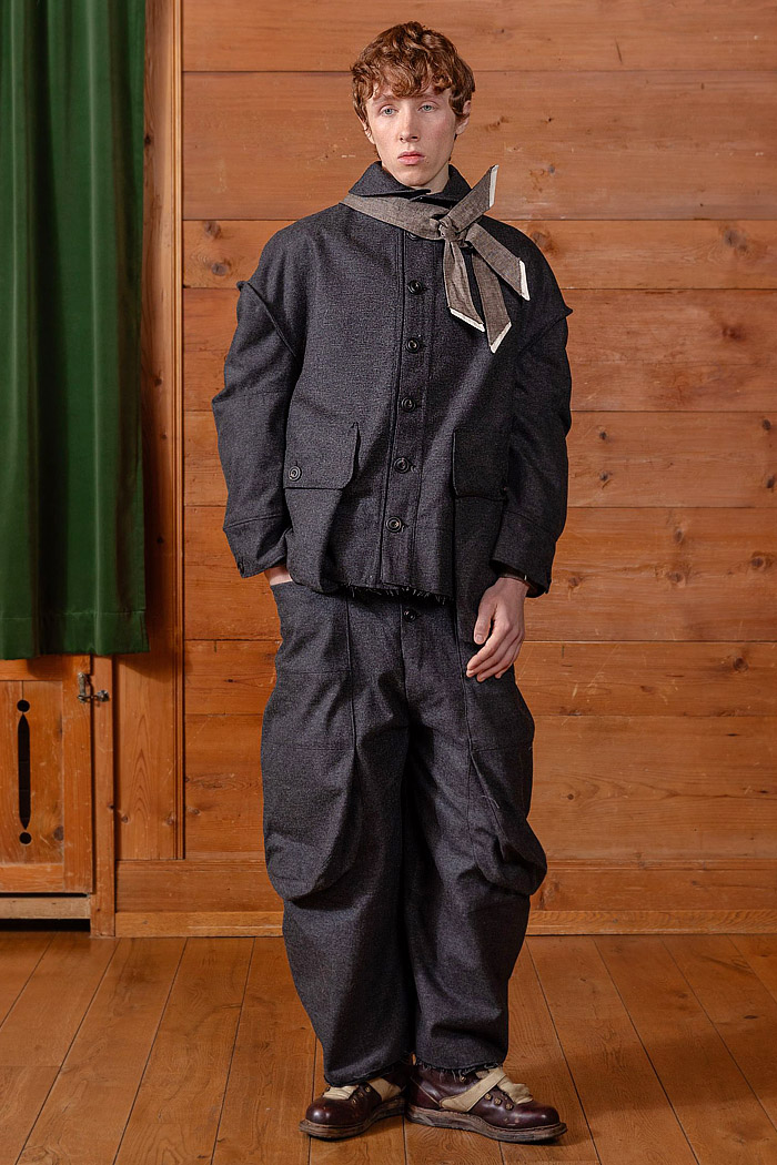 Tíscar Espadas 2026-2027 Fall Autumn Winter Mens Fashion Trends - Capítulo VIII - Rural Switzerland, denim, jeans, manskirt, oversized pockets, jester, medieval, slit shorts, vest, deadstock fabrics, stripes, organic linen, outerwear, coat, detachable collar, ambiguous tie, peek-a-boo necktie, wide leg, baggy, loose, corduroy, funnel neck, work boots Tíscar Espadas 2026-2027 Fall Autumn Winter Mens Fashion - denim, jeans, oversized, jester, vest, deadstock, necktie, wide leg