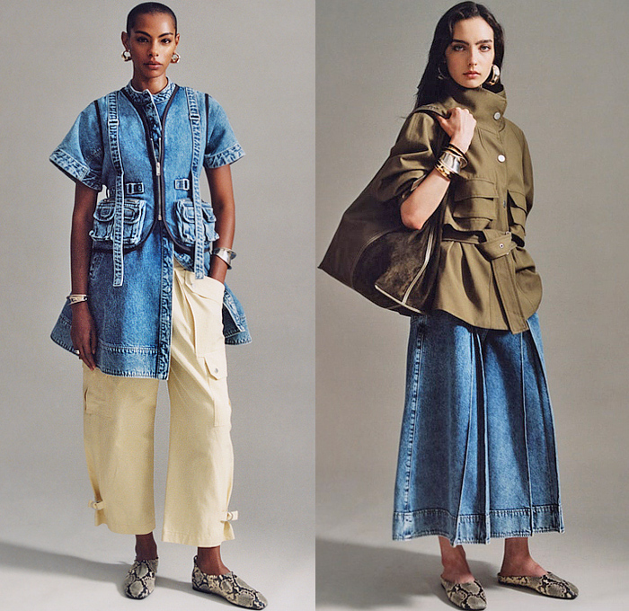 3.1 Phillip Lim 2026 Resort Cruise Pre-Spring Womens Lookbook - Outerwear Parka Field Jacket Coat Utility Pockets Denim Jeans Cargo Pants Knit Cardigan Sweater Jumper Pinstripe Shirtdress Cinch Strings Drawstring Dress Leopard Cape Shawl Bedazzled Sequins Lace Embroidery Crop Top Midriff Midi Skirt Snap Buttons Tearaway Peplum Wide Leg Quilted Puffer Miniskirt Asymmetrical Flats Clogs Snakeskin Studs Handbag Bag Tote