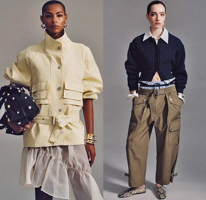 3.1 Phillip Lim 2026 Resort Cruise Pre-Spring Womens Lookbook - Outerwear Parka Field Jacket Coat Utility Pockets Denim Jeans Cargo Pants Knit Cardigan Sweater Jumper Pinstripe Shirtdress Cinch Strings Drawstring Dress Leopard Cape Shawl Bedazzled Sequins Lace Embroidery Crop Top Midriff Midi Skirt Snap Buttons Tearaway Peplum Wide Leg Quilted Puffer Miniskirt Asymmetrical Flats Clogs Snakeskin Studs Handbag Bag Tote