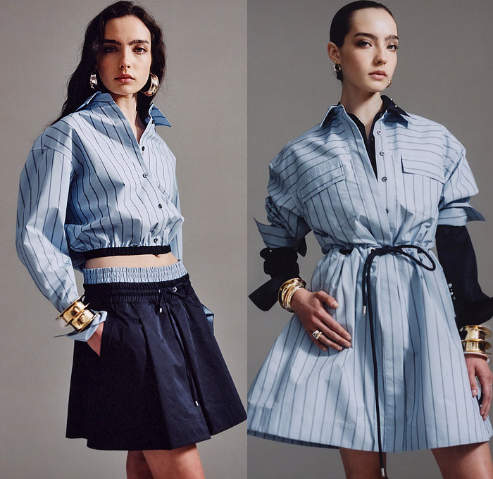 3.1 Phillip Lim 2026 Resort Cruise Pre-Spring Womens Lookbook - Outerwear Parka Field Jacket Coat Utility Pockets Denim Jeans Cargo Pants Knit Cardigan Sweater Jumper Pinstripe Shirtdress Cinch Strings Drawstring Dress Leopard Cape Shawl Bedazzled Sequins Lace Embroidery Crop Top Midriff Midi Skirt Snap Buttons Tearaway Peplum Wide Leg Quilted Puffer Miniskirt Asymmetrical Flats Clogs Snakeskin Studs Handbag Bag Tote