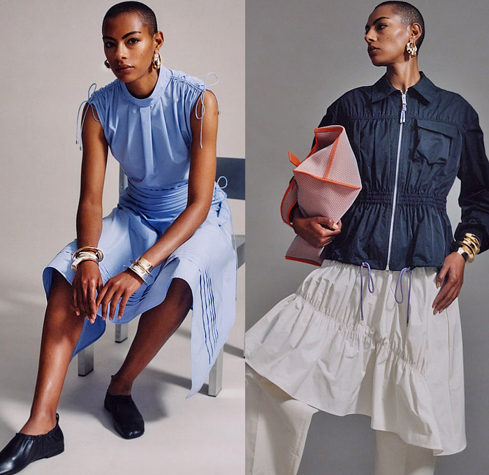 3.1 Phillip Lim 2026 Resort Cruise Pre-Spring Womens Lookbook - Outerwear Parka Field Jacket Coat Utility Pockets Denim Jeans Cargo Pants Knit Cardigan Sweater Jumper Pinstripe Shirtdress Cinch Strings Drawstring Dress Leopard Cape Shawl Bedazzled Sequins Lace Embroidery Crop Top Midriff Midi Skirt Snap Buttons Tearaway Peplum Wide Leg Quilted Puffer Miniskirt Asymmetrical Flats Clogs Snakeskin Studs Handbag Bag Tote