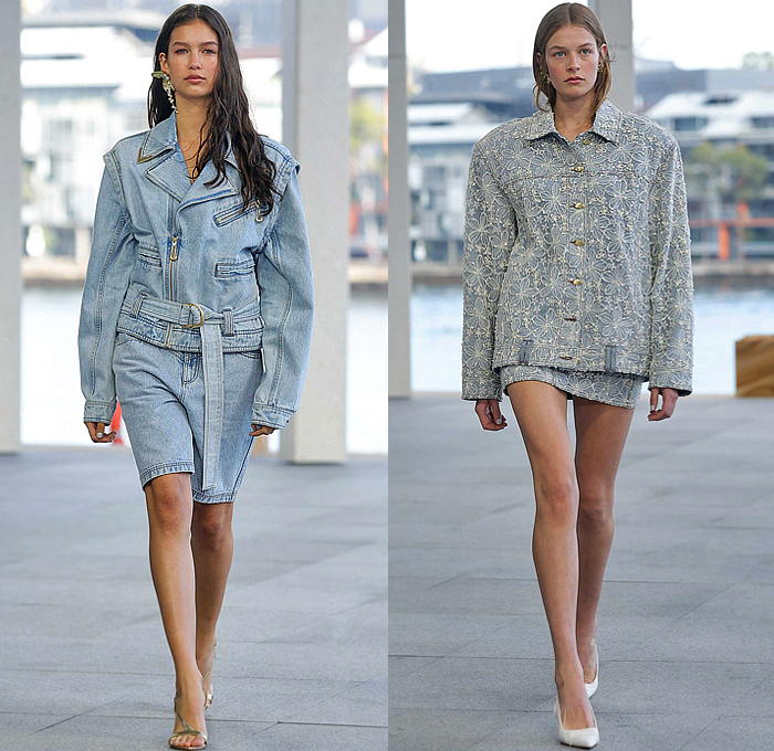 Aje 2026 Resort Cruise Pre-Spring Womens Runway Collection - Australian Fashion Week - Impression - Denim Jeans Biker Jacket Shorts Miniskirt Embroidery Flowers Floral Dress Puff Ball Poufy Wide Leg Petals Tabard Landscape Illustration Crop Top Midriff Fringes Column Skirt Mini Dress Long Sleeve Shirt Strapless One Shoulder Tiered Frills Draped Gown Eveningwear Halterneck 