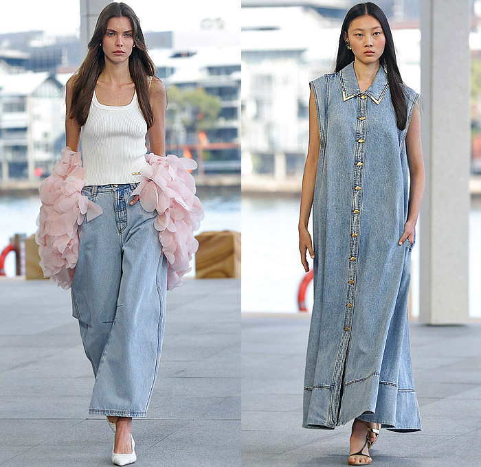 Aje 2026 Resort Cruise Pre-Spring Womens Runway Collection - Australian Fashion Week - Impression - Denim Jeans Biker Jacket Shorts Miniskirt Embroidery Flowers Floral Dress Puff Ball Poufy Wide Leg Petals Tabard Landscape Illustration Crop Top Midriff Fringes Column Skirt Mini Dress Long Sleeve Shirt Strapless One Shoulder Tiered Frills Draped Gown Eveningwear Halterneck 