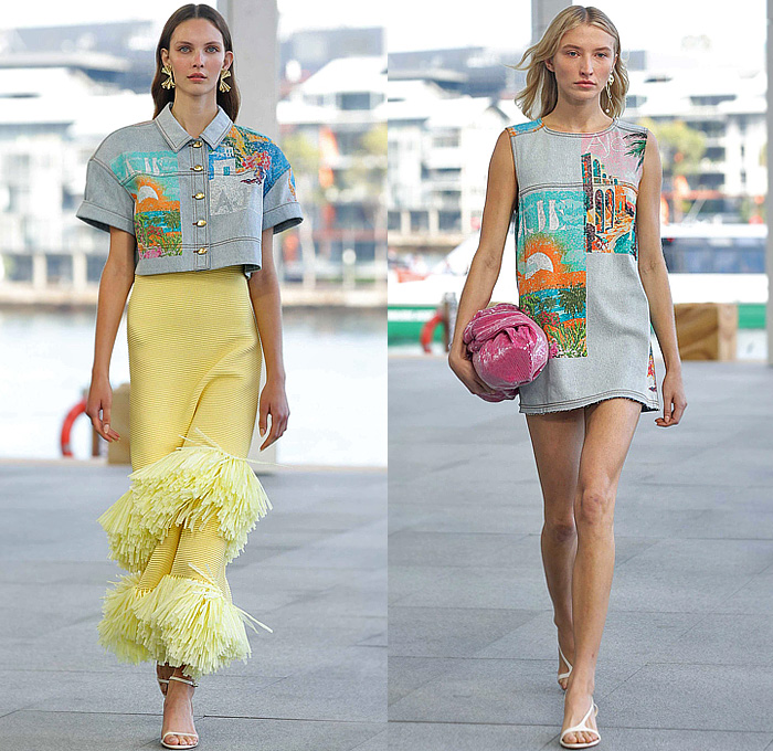 Aje 2026 Resort Cruise Pre-Spring Womens Runway Collection - Australian Fashion Week - Impression - Denim Jeans Biker Jacket Shorts Miniskirt Embroidery Flowers Floral Dress Puff Ball Poufy Wide Leg Petals Tabard Landscape Illustration Crop Top Midriff Fringes Column Skirt Mini Dress Long Sleeve Shirt Strapless One Shoulder Tiered Frills Draped Gown Eveningwear Halterneck 