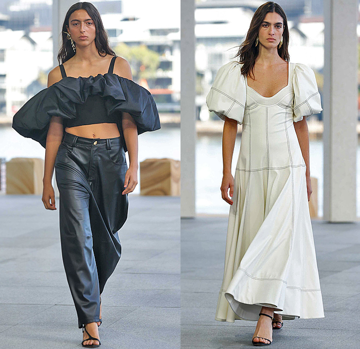 Aje 2026 Resort Cruise Pre-Spring Womens Runway Collection - Australian Fashion Week - Impression - Denim Jeans Biker Jacket Shorts Miniskirt Embroidery Flowers Floral Dress Puff Ball Poufy Wide Leg Petals Tabard Landscape Illustration Crop Top Midriff Fringes Column Skirt Mini Dress Long Sleeve Shirt Strapless One Shoulder Tiered Frills Draped Gown Eveningwear Halterneck 