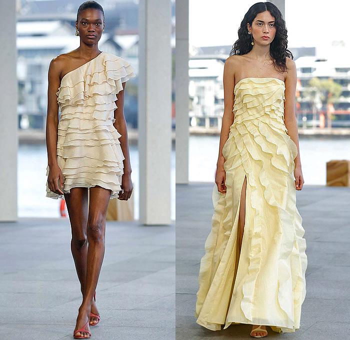 Aje 2026 Resort Cruise Pre-Spring Womens Runway Collection - Australian Fashion Week - Impression - Denim Jeans Biker Jacket Shorts Miniskirt Embroidery Flowers Floral Dress Puff Ball Poufy Wide Leg Petals Tabard Landscape Illustration Crop Top Midriff Fringes Column Skirt Mini Dress Long Sleeve Shirt Strapless One Shoulder Tiered Frills Draped Gown Eveningwear Halterneck 