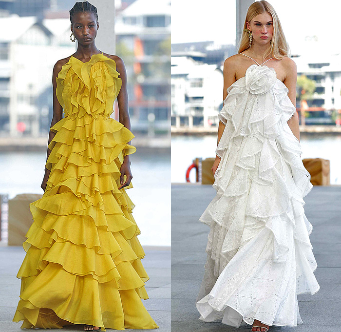 Aje 2026 Resort Cruise Pre-Spring Womens Runway Collection - Australian Fashion Week - Impression - Denim Jeans Biker Jacket Shorts Miniskirt Embroidery Flowers Floral Dress Puff Ball Poufy Wide Leg Petals Tabard Landscape Illustration Crop Top Midriff Fringes Column Skirt Mini Dress Long Sleeve Shirt Strapless One Shoulder Tiered Frills Draped Gown Eveningwear Halterneck 