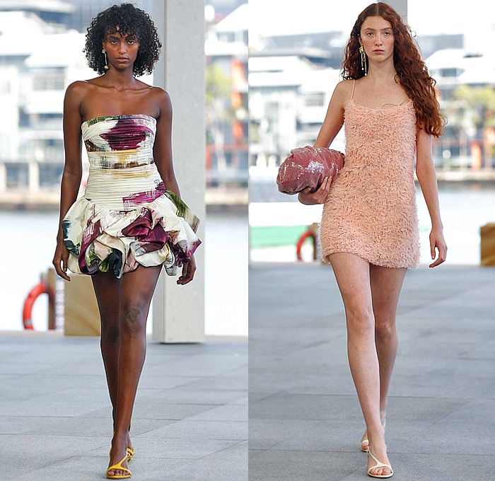 Aje 2026 Resort Cruise Pre-Spring Womens Runway Collection - Australian Fashion Week - Impression - Denim Jeans Biker Jacket Shorts Miniskirt Embroidery Flowers Floral Dress Puff Ball Poufy Wide Leg Petals Tabard Landscape Illustration Crop Top Midriff Fringes Column Skirt Mini Dress Long Sleeve Shirt Strapless One Shoulder Tiered Frills Draped Gown Eveningwear Halterneck 