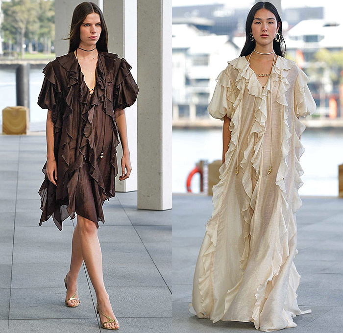 Aje 2026 Resort Cruise Pre-Spring Womens Runway Collection - Australian Fashion Week - Impression - Denim Jeans Biker Jacket Shorts Miniskirt Embroidery Flowers Floral Dress Puff Ball Poufy Wide Leg Petals Tabard Landscape Illustration Crop Top Midriff Fringes Column Skirt Mini Dress Long Sleeve Shirt Strapless One Shoulder Tiered Frills Draped Gown Eveningwear Halterneck 