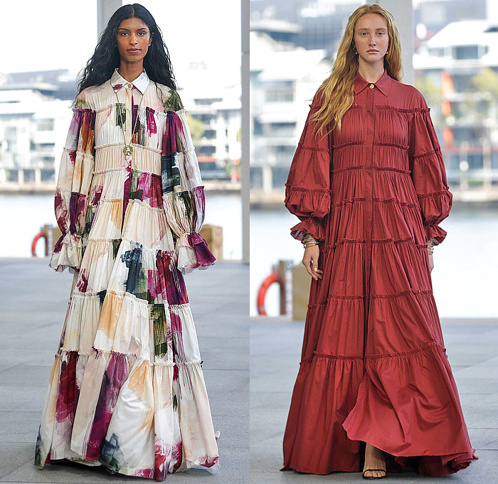 Aje 2026 Resort Cruise Pre-Spring Womens Runway Collection - Australian Fashion Week - Impression - Denim Jeans Biker Jacket Shorts Miniskirt Embroidery Flowers Floral Dress Puff Ball Poufy Wide Leg Petals Tabard Landscape Illustration Crop Top Midriff Fringes Column Skirt Mini Dress Long Sleeve Shirt Strapless One Shoulder Tiered Frills Draped Gown Eveningwear Halterneck 