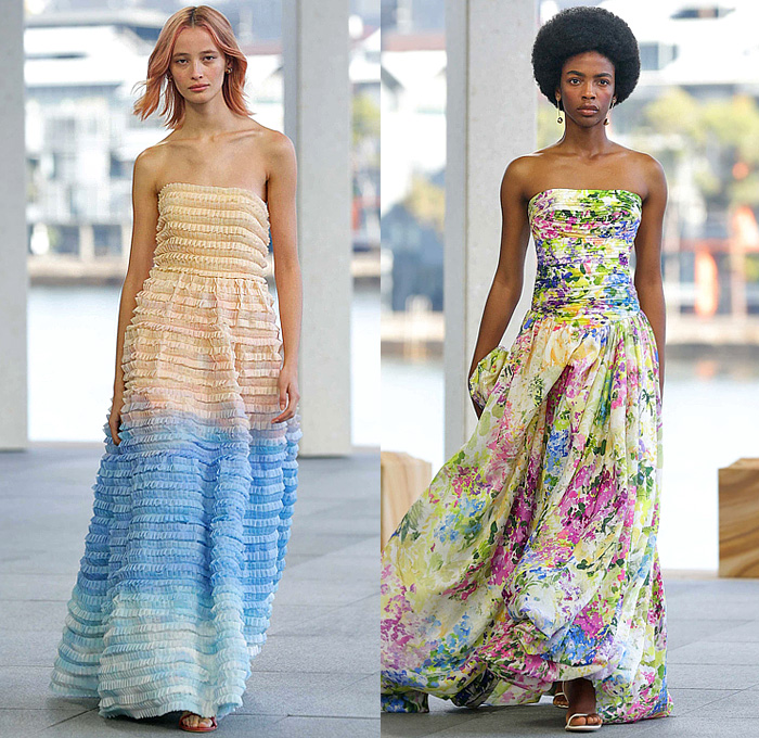 Aje 2026 Resort Cruise Pre-Spring Womens Runway Collection - Australian Fashion Week - Impression - Denim Jeans Biker Jacket Shorts Miniskirt Embroidery Flowers Floral Dress Puff Ball Poufy Wide Leg Petals Tabard Landscape Illustration Crop Top Midriff Fringes Column Skirt Mini Dress Long Sleeve Shirt Strapless One Shoulder Tiered Frills Draped Gown Eveningwear Halterneck 