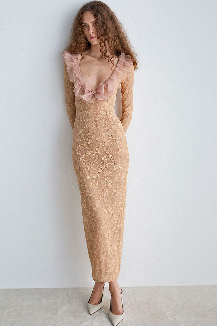 Alessandra Rich 2026 Spring Summer Women LFW - peasant sleeves, bralettes, lace embroidery, sequins, sheer, ruffles, bows, flowers