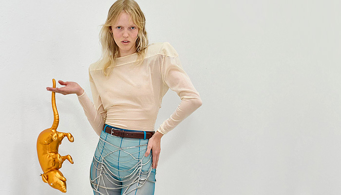 Anne Sofie Madsen 2026 Spring Summer Womens Looks – Glam Rat Clutch, chiffon, belts, pleats, shoulder pads, perfecto biker jackets