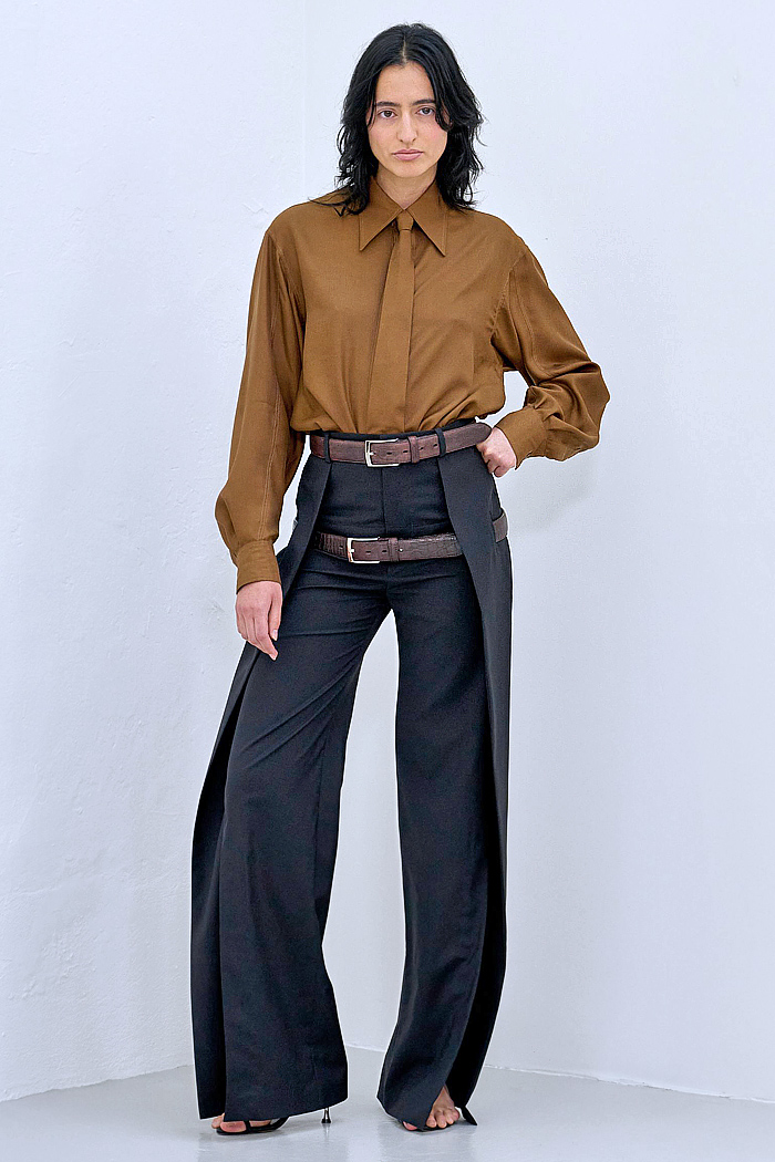 Anne Sofie Madsen 2026 Spring Summer Womens Looks – Glam Rat Clutch, chiffon, belts, pleats, shoulder pads, perfecto biker jackets