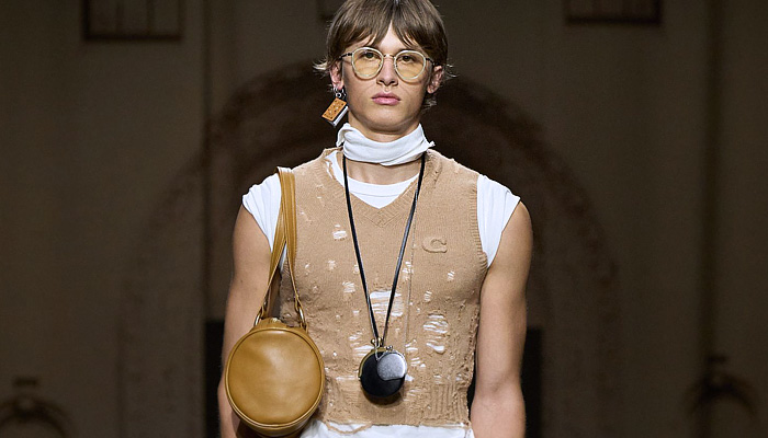 Coach 2026 Spring Summer Mens NYFW - denim jeans jacket, patchwork check baggy pants, Kisslock Barrel bag, coin purse necklace