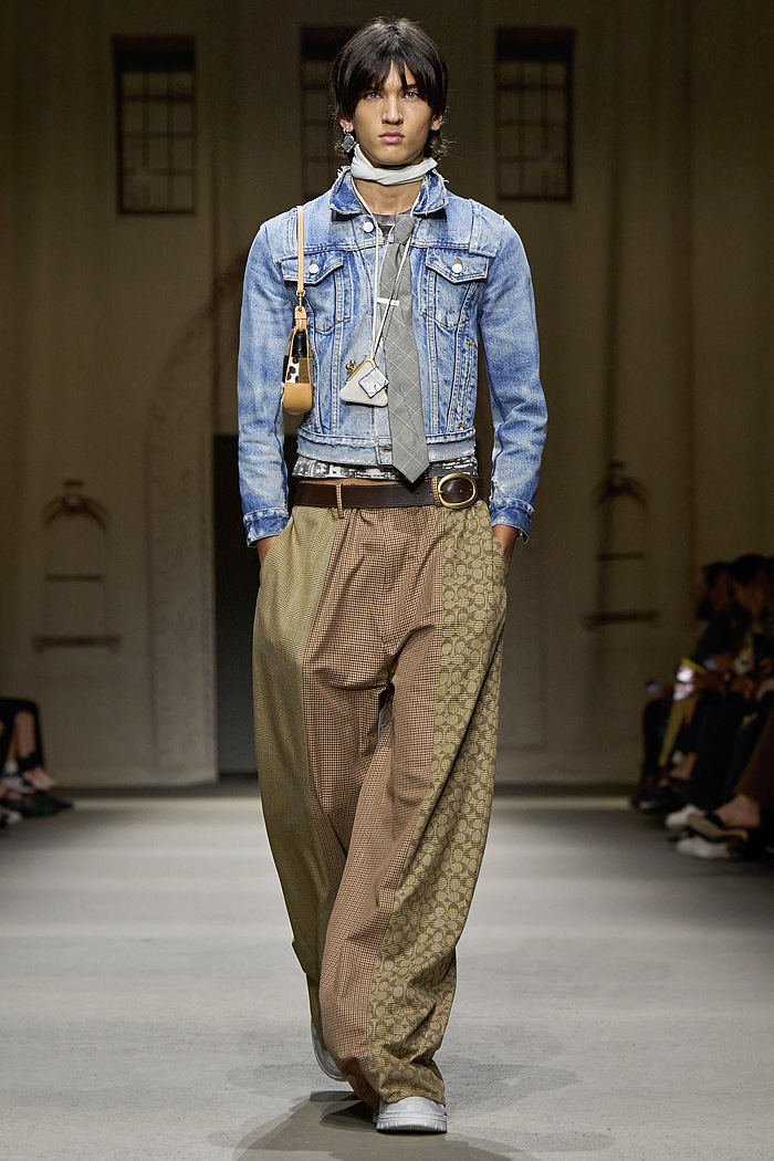 Coach 2026 Spring Summer Mens NYFW - denim jeans jacket, patchwork check baggy pants, Kisslock Barrel bag, coin purse necklace