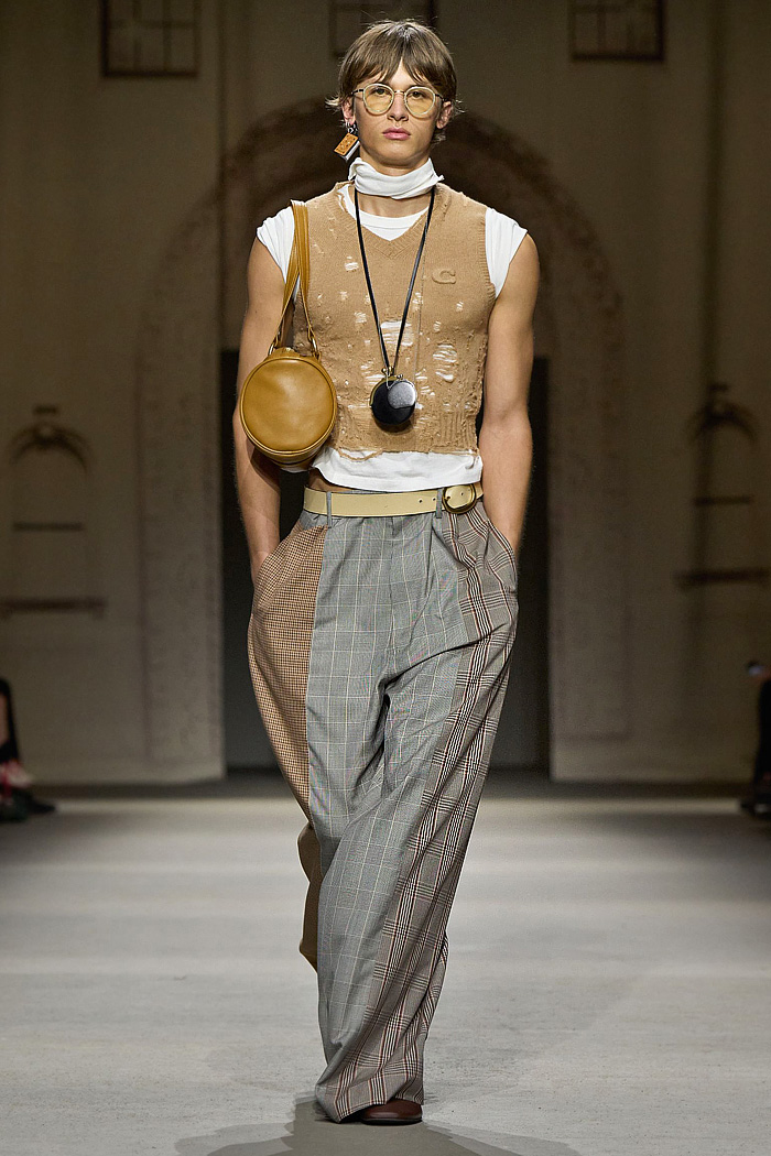 Coach 2026 Spring Summer Mens NYFW - denim jeans jacket, patchwork check baggy pants, Kisslock Barrel bag, coin purse necklace