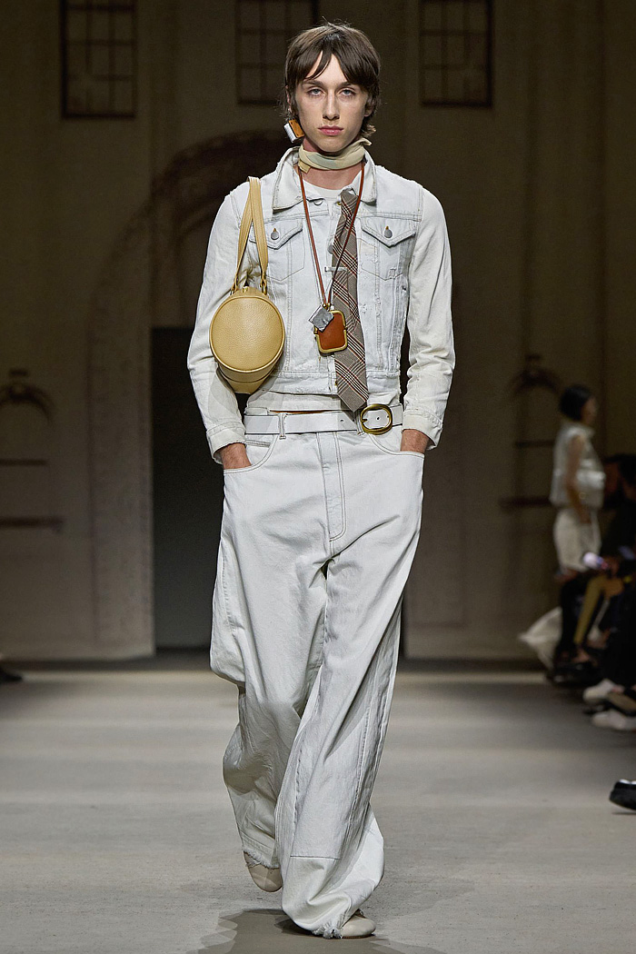 Coach 2026 Spring Summer Mens NYFW - denim jeans jacket, patchwork check baggy pants, Kisslock Barrel bag, coin purse necklace