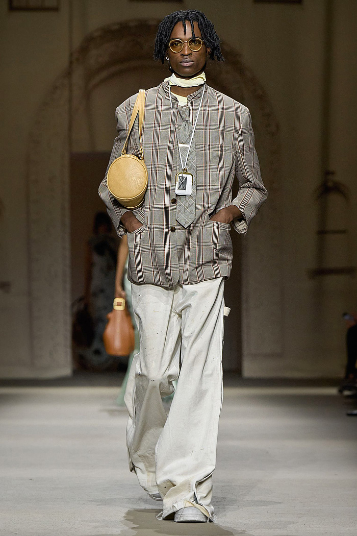 Coach 2026 Spring Summer Mens NYFW - denim jeans jacket, patchwork check baggy pants, Kisslock Barrel bag, coin purse necklace