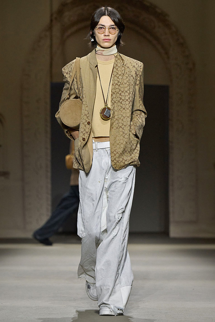 Coach 2026 Spring Summer Mens NYFW - denim jeans jacket, patchwork check baggy pants, Kisslock Barrel bag, coin purse necklace