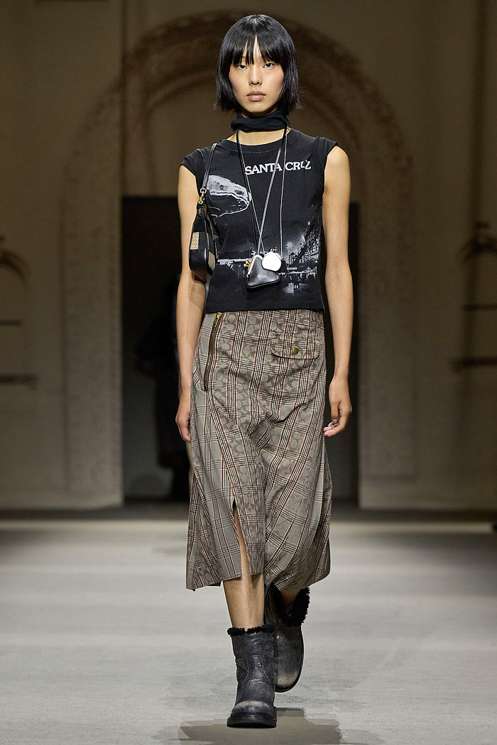 Coach 2026 Spring Summer Womens at NYFW had denim jeans, suede vest, patchwork check pants, monogram, sky, hearts, sheer dress