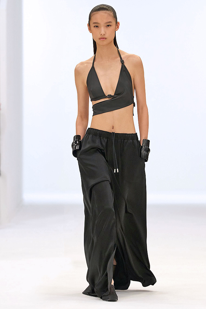 Courrèges 2026 Spring Summer Women - veils, bikini, straps, cycling shorts, cuffs, petal mullet hems, denim jeans, shield, cutouts