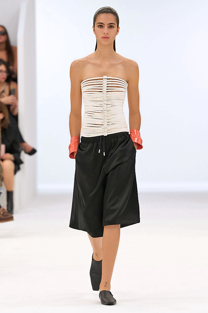 Courrèges 2026 Spring Summer Women - veils, bikini, straps, cycling shorts, cuffs, petal mullet hems, denim jeans, shield, cutouts