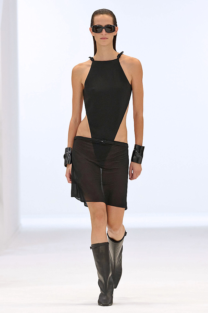 Courrèges 2026 Spring Summer Women - veils, bikini, straps, cycling shorts, cuffs, petal mullet hems, denim jeans, shield, cutouts