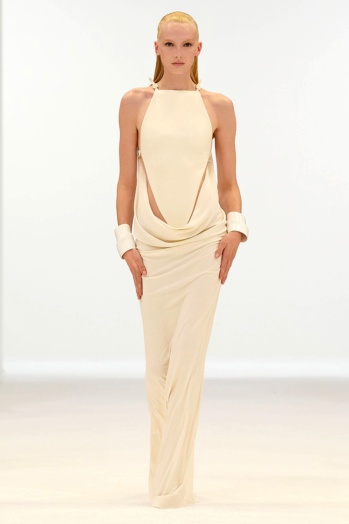 Courrèges 2026 Spring Summer Women - veils, bikini, straps, cycling shorts, cuffs, petal mullet hems, denim jeans, shield, cutouts