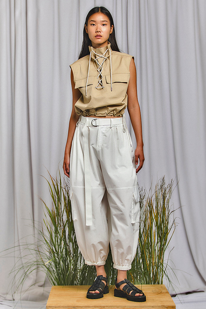 Derek Lam 2026 Spring Summer Womens Looks at NYFW knit, lace-up top, vest, double bow, balloon cargo pants, pinstripe dress