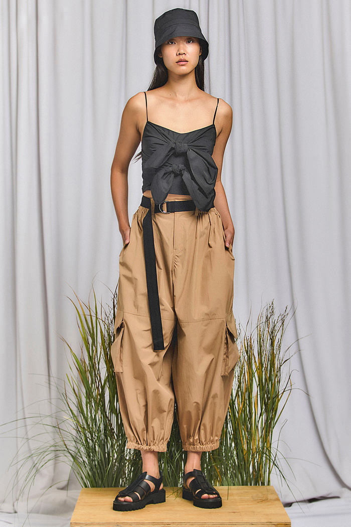 Derek Lam 2026 Spring Summer Womens Looks at NYFW knit, lace-up top, vest, double bow, balloon cargo pants, pinstripe dress