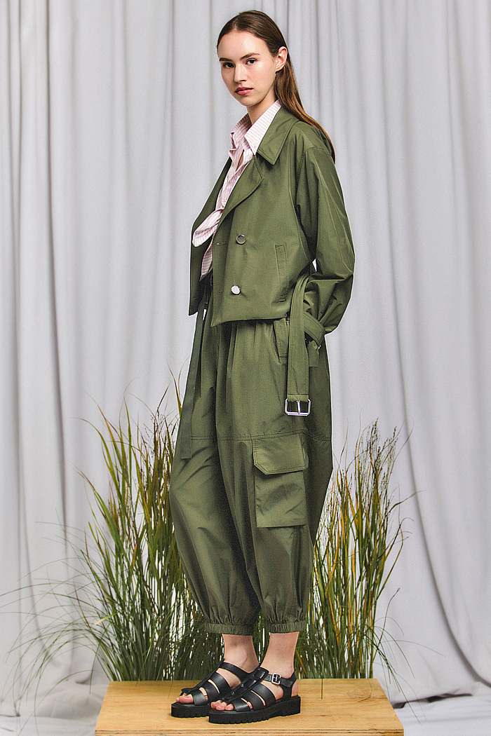 Derek Lam 2026 Spring Summer Womens Looks at NYFW knit, lace-up top, vest, double bow, balloon cargo pants, pinstripe dress