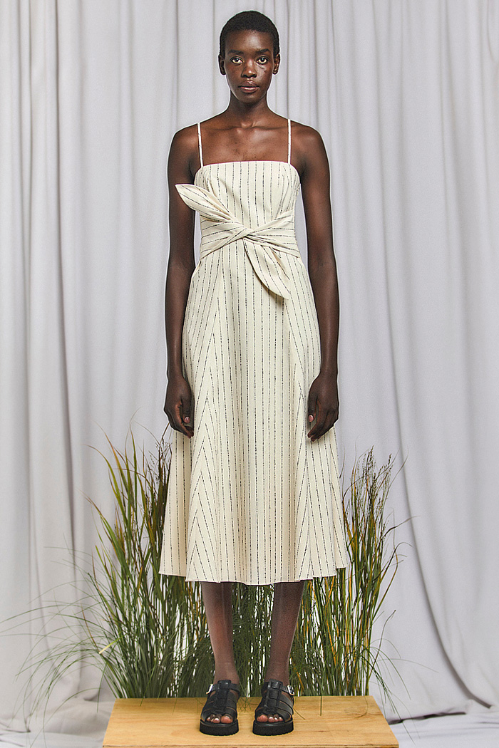 Derek Lam 2026 Spring Summer Womens Looks at NYFW knit, lace-up top, vest, double bow, balloon cargo pants, pinstripe dress