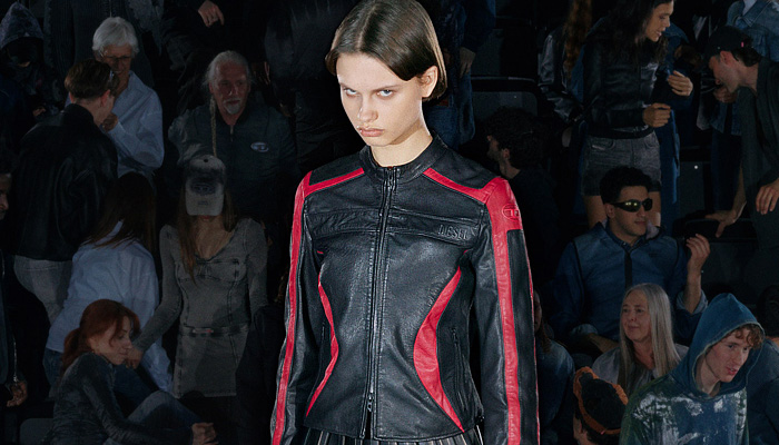 Diesel 2026 Resort Cruise Pre-Spring Womens Lookbook - Denim Jeans Grid Lattice Shiny Curved Hem Miniskirt Midi Skirt Shirt Blouse Hybrid Patchwork Shirtdress Sweaterdress Neoprene Pockets Stains Shorts Outerwear Coat Jacket Hoodie Sweatshirt Fleece Quilted Puffer Leather Knit Ribbed Moto Motorcycle Biker Jacket Accordion Pleats Draped Halterneck Slip Dress Twist Slouchy Blazer Graffiti Spray Paint Wrapped Boots Handbag