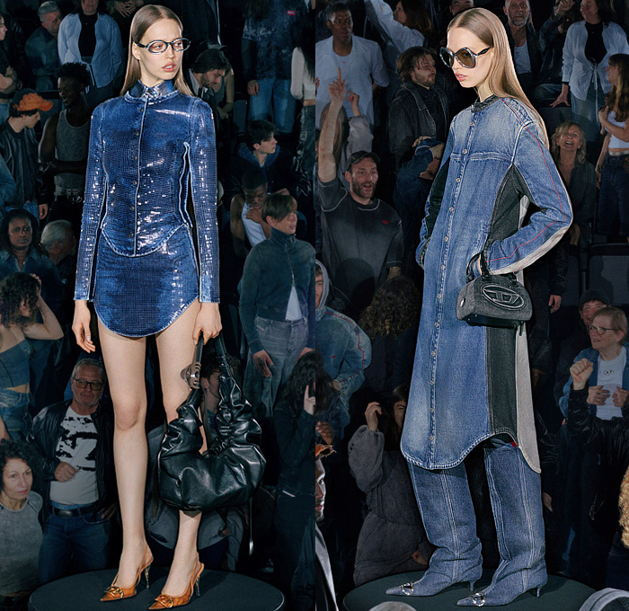 Diesel 2026 Resort Cruise Pre-Spring Womens Lookbook - Denim Jeans Grid Lattice Shiny Curved Hem Miniskirt Midi Skirt Shirt Blouse Hybrid Patchwork Shirtdress Sweaterdress Neoprene Pockets Stains Shorts Outerwear Coat Jacket Hoodie Sweatshirt Fleece Quilted Puffer Leather Knit Ribbed Moto Motorcycle Biker Jacket Accordion Pleats Draped Halterneck Slip Dress Twist Slouchy Blazer Graffiti Spray Paint Wrapped Boots Handbag