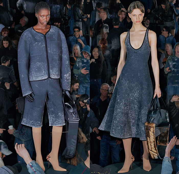 Diesel 2026 Resort Cruise Pre-Spring Womens Lookbook - Denim Jeans Grid Lattice Shiny Curved Hem Miniskirt Midi Skirt Shirt Blouse Hybrid Patchwork Shirtdress Sweaterdress Neoprene Pockets Stains Shorts Outerwear Coat Jacket Hoodie Sweatshirt Fleece Quilted Puffer Leather Knit Ribbed Moto Motorcycle Biker Jacket Accordion Pleats Draped Halterneck Slip Dress Twist Slouchy Blazer Graffiti Spray Paint Wrapped Boots Handbag