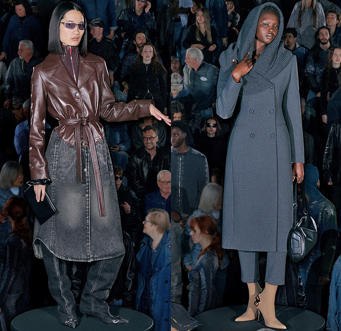 Diesel 2026 Resort Cruise Pre-Spring Womens Lookbook - Denim Jeans Grid Lattice Shiny Curved Hem Miniskirt Midi Skirt Shirt Blouse Hybrid Patchwork Shirtdress Sweaterdress Neoprene Pockets Stains Shorts Outerwear Coat Jacket Hoodie Sweatshirt Fleece Quilted Puffer Leather Knit Ribbed Moto Motorcycle Biker Jacket Accordion Pleats Draped Halterneck Slip Dress Twist Slouchy Blazer Graffiti Spray Paint Wrapped Boots Handbag