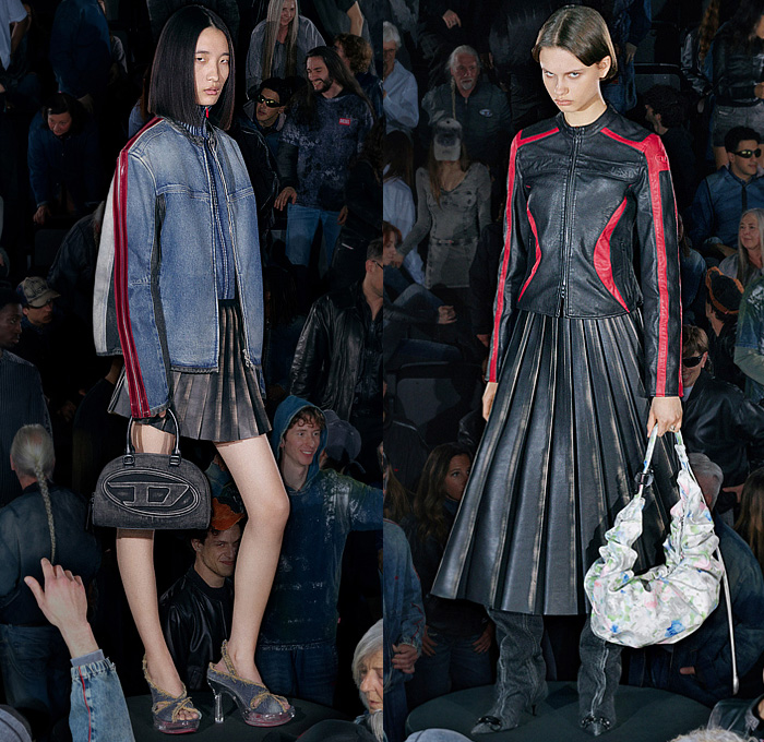 Diesel 2026 Resort Cruise Pre-Spring Womens Lookbook - Denim Jeans Grid Lattice Shiny Curved Hem Miniskirt Midi Skirt Shirt Blouse Hybrid Patchwork Shirtdress Sweaterdress Neoprene Pockets Stains Shorts Outerwear Coat Jacket Hoodie Sweatshirt Fleece Quilted Puffer Leather Knit Ribbed Moto Motorcycle Biker Jacket Accordion Pleats Draped Halterneck Slip Dress Twist Slouchy Blazer Graffiti Spray Paint Wrapped Boots Handbag