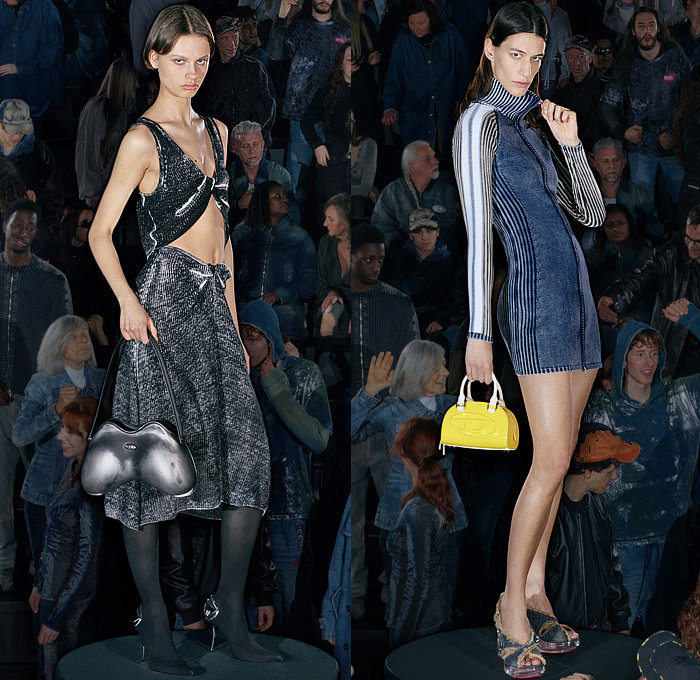 Diesel 2026 Resort Cruise Pre-Spring Womens Lookbook - Denim Jeans Grid Lattice Shiny Curved Hem Miniskirt Midi Skirt Shirt Blouse Hybrid Patchwork Shirtdress Sweaterdress Neoprene Pockets Stains Shorts Outerwear Coat Jacket Hoodie Sweatshirt Fleece Quilted Puffer Leather Knit Ribbed Moto Motorcycle Biker Jacket Accordion Pleats Draped Halterneck Slip Dress Twist Slouchy Blazer Graffiti Spray Paint Wrapped Boots Handbag