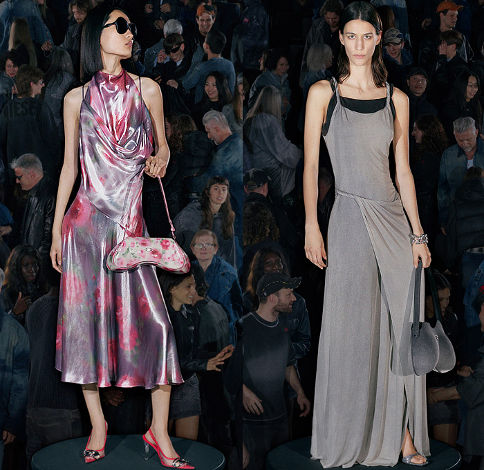 Diesel 2026 Resort Cruise Pre-Spring Womens Lookbook - Denim Jeans Grid Lattice Shiny Curved Hem Miniskirt Midi Skirt Shirt Blouse Hybrid Patchwork Shirtdress Sweaterdress Neoprene Pockets Stains Shorts Outerwear Coat Jacket Hoodie Sweatshirt Fleece Quilted Puffer Leather Knit Ribbed Moto Motorcycle Biker Jacket Accordion Pleats Draped Halterneck Slip Dress Twist Slouchy Blazer Graffiti Spray Paint Wrapped Boots Handbag