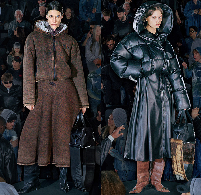 Diesel 2026 Resort Cruise Pre-Spring Womens Lookbook - Denim Jeans Grid Lattice Shiny Curved Hem Miniskirt Midi Skirt Shirt Blouse Hybrid Patchwork Shirtdress Sweaterdress Neoprene Pockets Stains Shorts Outerwear Coat Jacket Hoodie Sweatshirt Fleece Quilted Puffer Leather Knit Ribbed Moto Motorcycle Biker Jacket Accordion Pleats Draped Halterneck Slip Dress Twist Slouchy Blazer Graffiti Spray Paint Wrapped Boots Handbag