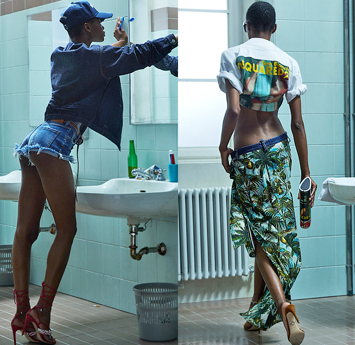 Dsquared2 2026 Resort Cruise Pre-Spring Womens Lookbook - Denim Jeans Jacket Crop Top Midriff Wide Leg Cutoffs Shorts Patchwork Hybrid Tropical Trees Lace Embroidery Cargo Utility Pockets Canvas Zipper Jumpsuit Romper Overalls Typography Capri Micro Dress Halterneck Bow TIed Stripes Rugby Shirt Pantsuit Plaid Check Handbag