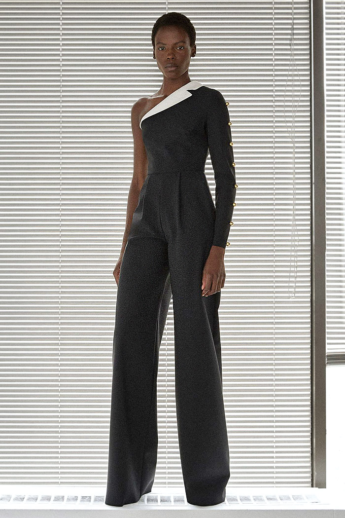 Greta Constantine 2026 Spring Summer Womens at NYFW - coveralls, sequins, flare, sheer, embroidered swirls, ruffles, peplum, cape