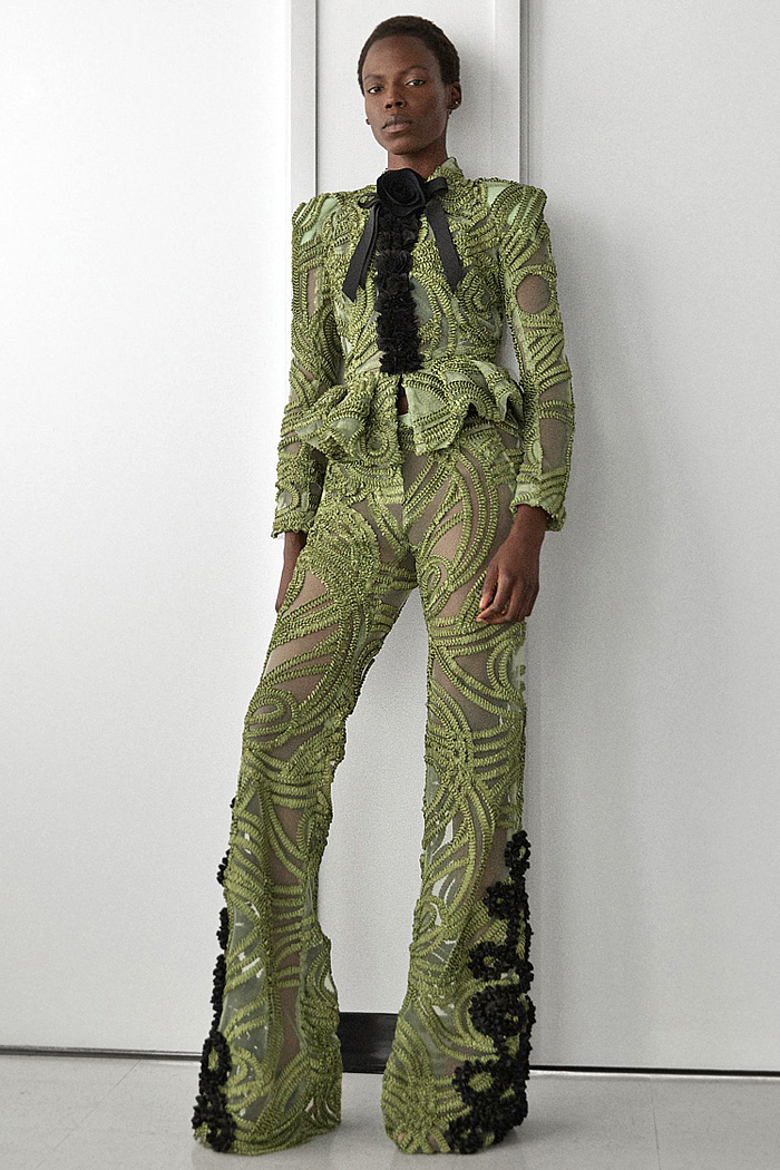 Greta Constantine 2026 Spring Summer Womens at NYFW - coveralls, sequins, flare, sheer, embroidered swirls, ruffles, peplum, cape