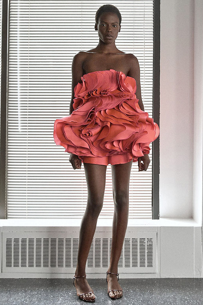 Greta Constantine 2026 Spring Summer Womens at NYFW - coveralls, sequins, flare, sheer, embroidered swirls, ruffles, peplum, cape