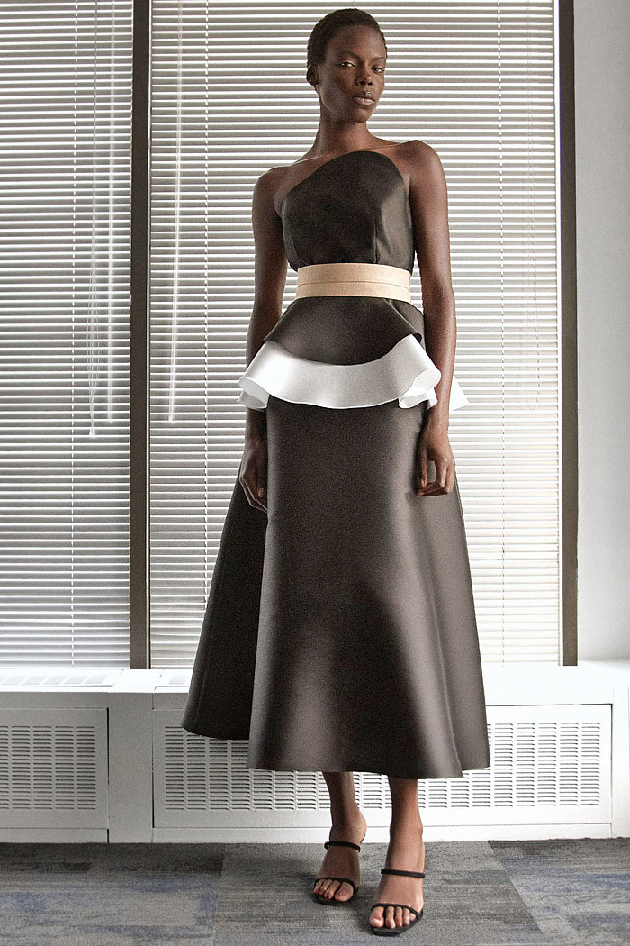 Greta Constantine 2026 Spring Summer Womens at NYFW - coveralls, sequins, flare, sheer, embroidered swirls, ruffles, peplum, cape